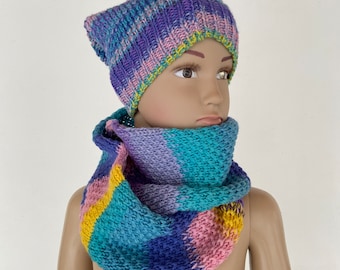 Knitted Hat And Scarf Set Blue Pink Purple Yellow Striped Mismatched Handmade Winter Fashion For Girl Boy 3 - 7 years Infinity Scarf Unisex