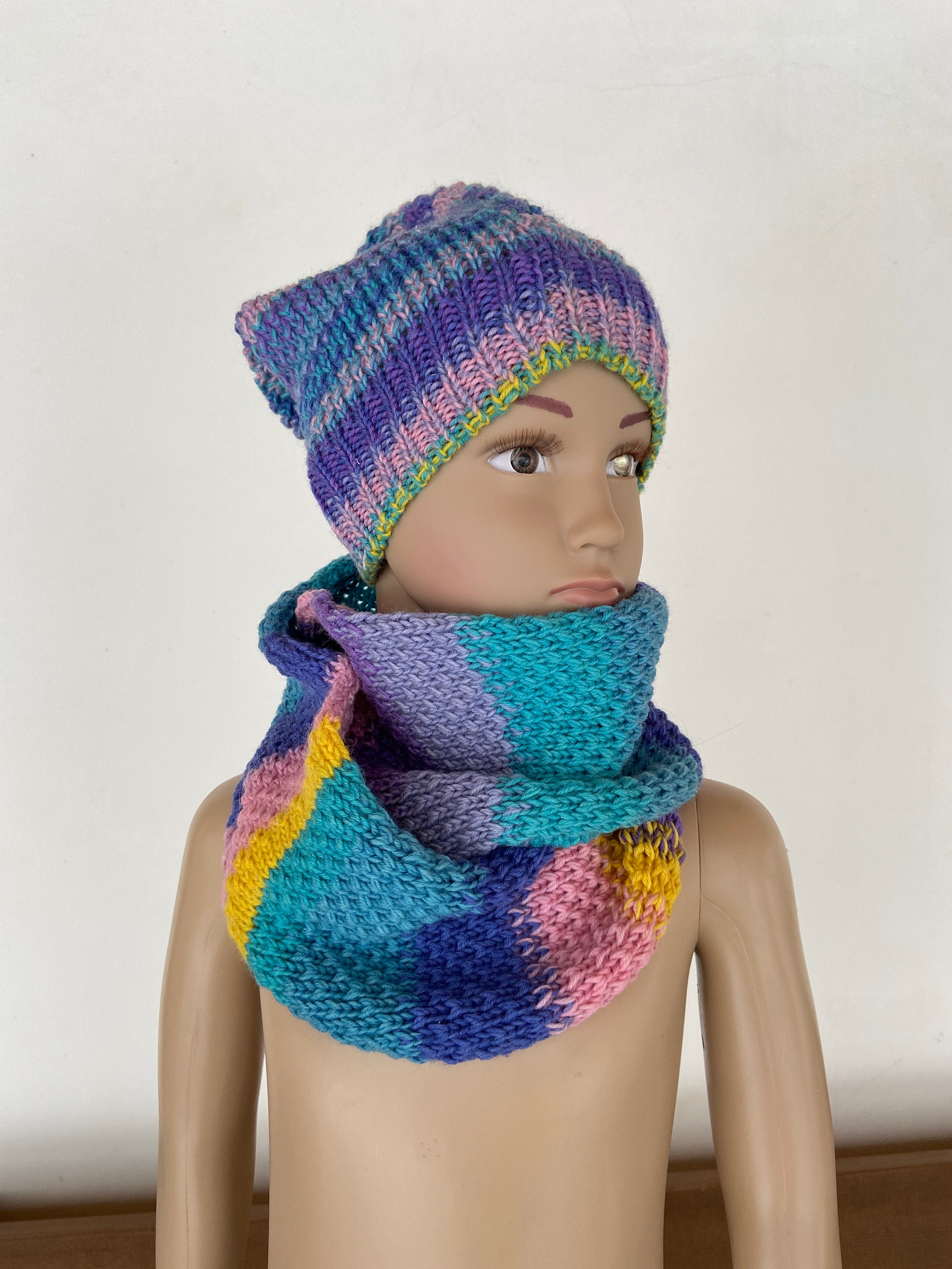 Scarf Beanie Hat Set Hand Crafted Colorful  Knitted Striped Green Yellow Purple Mardi Gras Striped Beanie Hat – Purple, Green, Gold main image 2