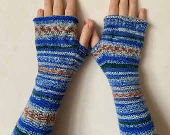 Fingerless Gloves, Arm Warmers, Hand Knit Blue striped fingerless gloves