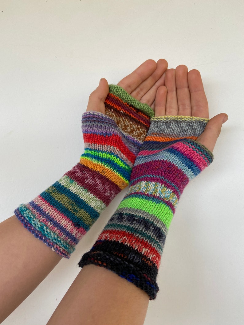 Fingerless Gloves, Arm Warmers, Hand Knit Fingerless Gloves Colorful Striped image 1