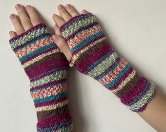 Fingerless Gloves, Arm Warmers, Hand Knit Striped Woll Colored Fingerless Gloves