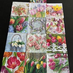 Tovaglioli Carta Per Decoupage Set 13 Tovaglioli Tulipani e fiori primaverili Tovaglioli collezione Tulipani