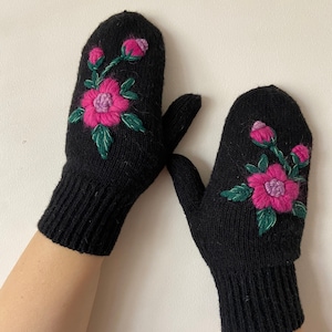 Knitted Mittens Embroidered Mittens Handmade Wool Women Black Mittens image 1