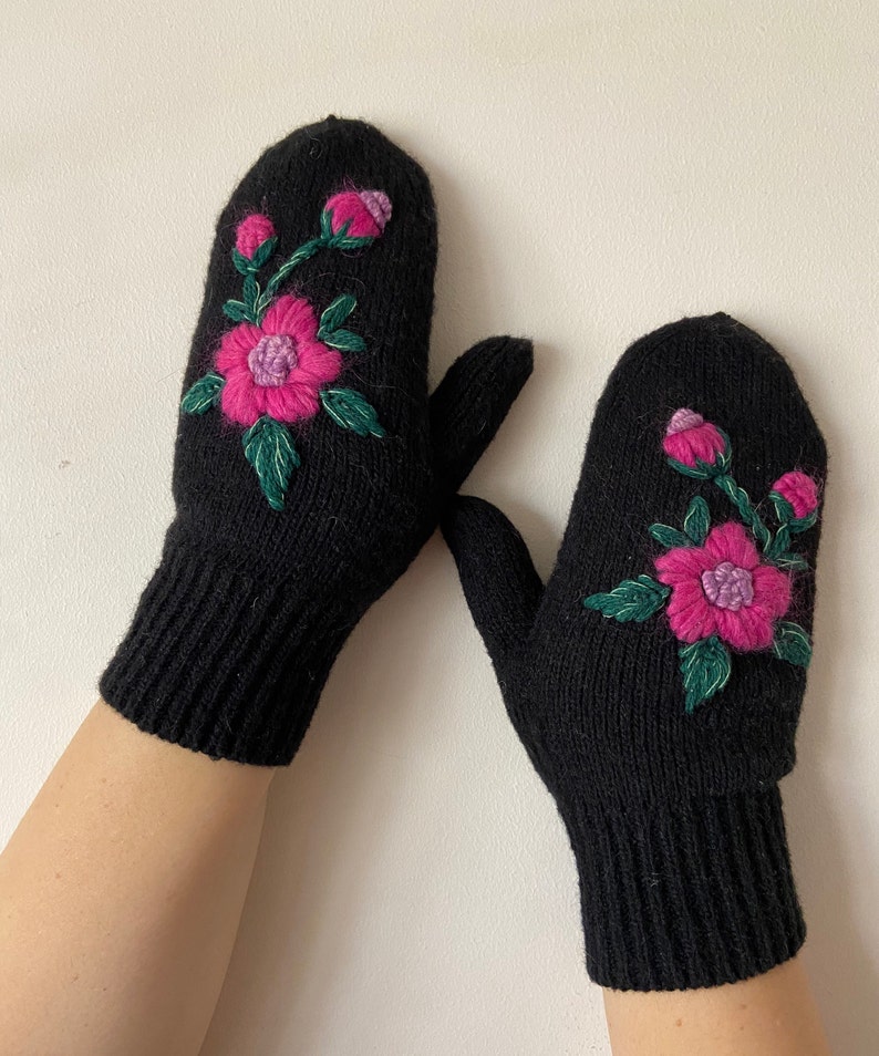 Knitted Mittens Embroidered Mittens Handmade Wool Women Black Mittens image 1