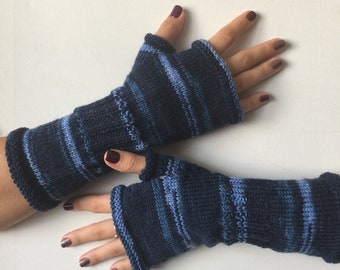 Fingerless Gloves, Arm Warmers, Hand Knit Blue Fingerless Gloves