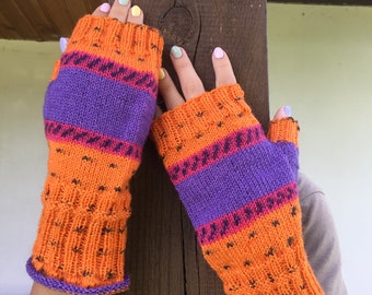 Fingerless Gloves, Arm Warmers, Hand Knit Orange Purple