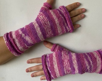 Fingerless Gloves, Arm Warmers, Hand Knit Pink Striped Fingerless Gloves