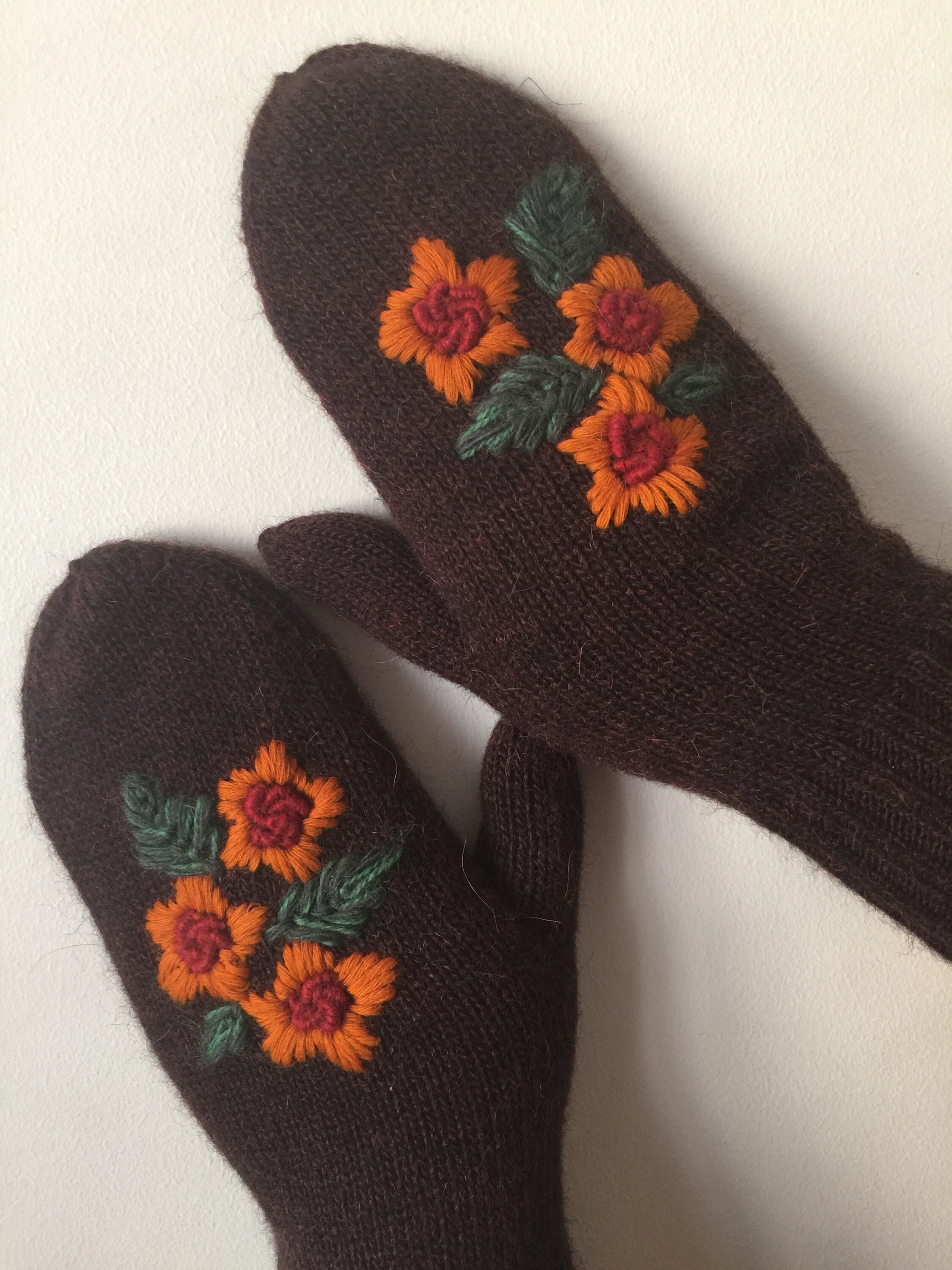 Knitted Mittens Embroidered Mittens Burgundy Brown Color Wool Mittens