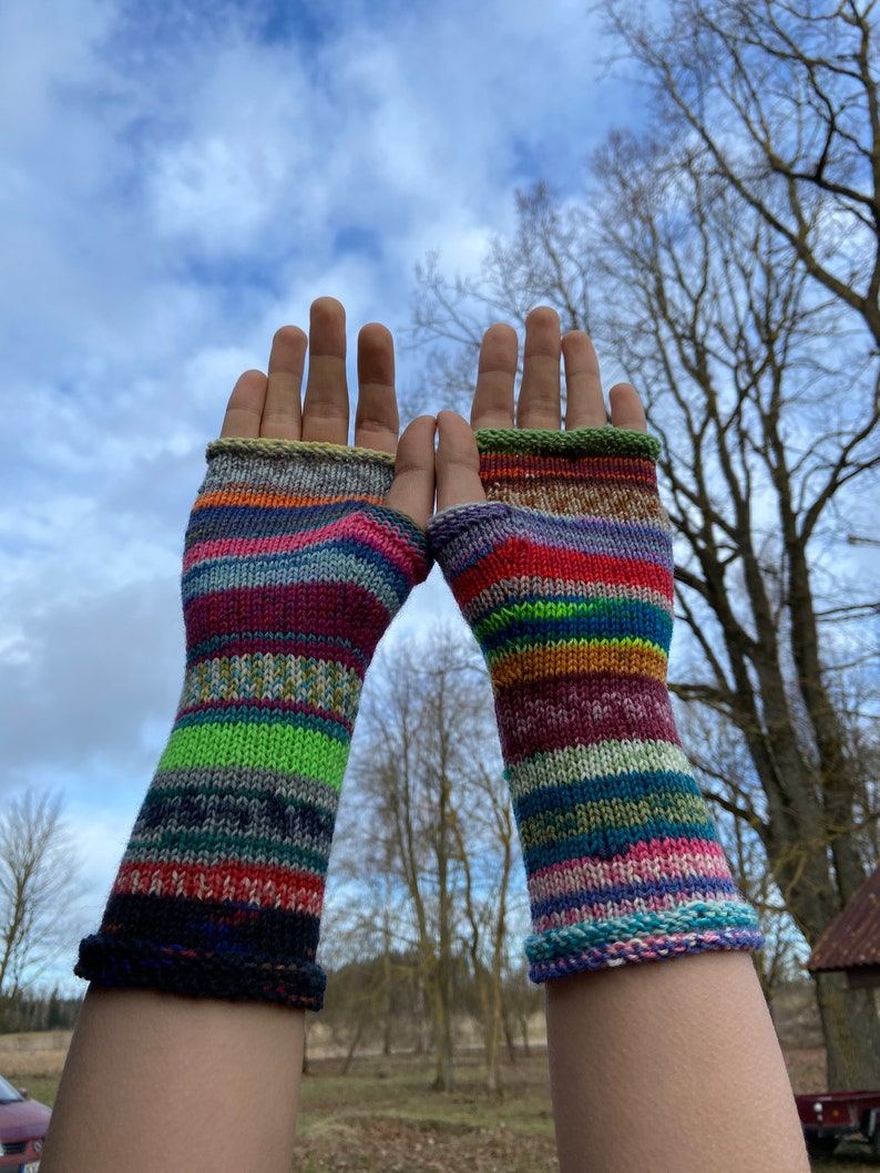 Fingerless Gloves, Arm Warmers, Hand Knit Fingerless Gloves Colorful Striped image 3