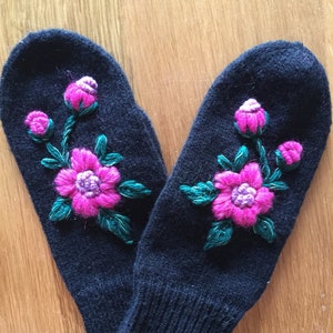 Knitted Mittens Embroidered Mittens Handmade Wool Women Black Mittens image 2