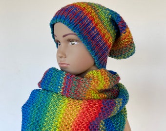 Knitted Hat And Scarf Set Rainbow Handmade Winter Fashion For Girl Infinity Scarf