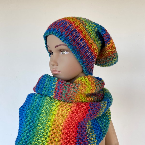 Ensemble bonnet et écharpe tricotés arc-en-ciel, fait à la main, mode d'hiver pour filles, écharpe infini