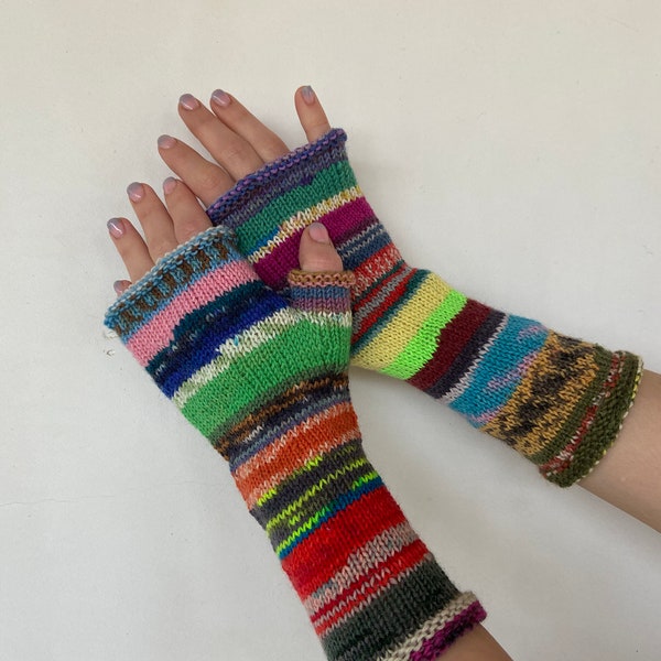 Fingerless Gloves, Arm Warmers, Hand Knit Fingerless Gloves Colorful Striped