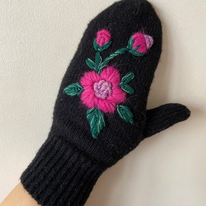 Knitted Mittens Embroidered Mittens Handmade Wool Women Black Mittens image 6