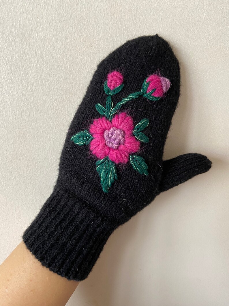 Knitted Mittens Embroidered Mittens Handmade Wool Women Black Mittens image 6