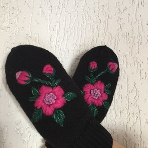 Knitted Mittens Embroidered Mittens Handmade Wool Women Black Mittens image 5