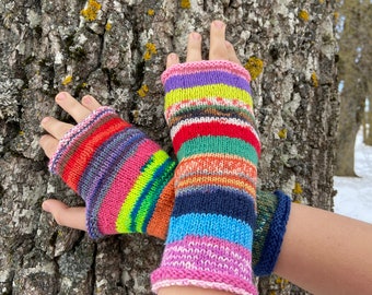 Fingerless Gloves, Arm Warmers, Hand Knit Fingerless Gloves Colorful Striped