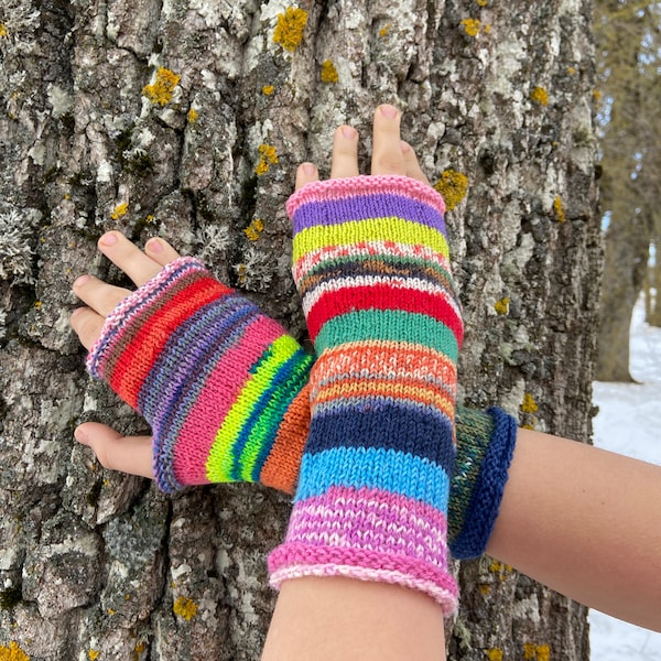 Fingerless Gloves, Arm Warmers, Hand Knit Fingerless Gloves Colorful Striped