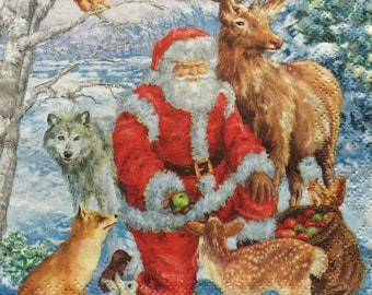 Paper Napkins For Decoupage Set 4 Christmas Santa Wild Animals Winter