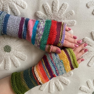 Fingerless Gloves, Arm Warmers, Hand Knit Fingerless Gloves Colorful Striped Multicolor gloves S size