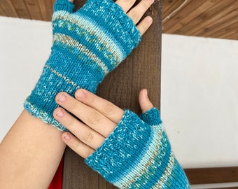 Fingerless Gloves, Arm Warmers, Hand Knit  Turquoise Color