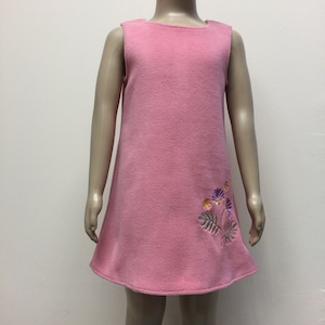 Vestido de menina sem mangas, vestido bordado de lã rosa, vestido infantil em linha A