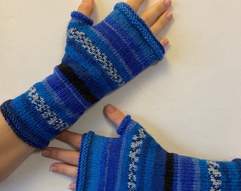 Fingerless Gloves, Arm Warmers, Hand Knit Blue Fingerless Gloves