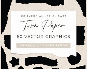 Könnte beinhalten: Ein digitaler Download von 50 zerrissenen Papier-Vektorgrafiken in den Formaten SVG, PNG, JPG, EPS und PDF. Die Grafiken sind schwarzweiß und perfekt, um Ihren Designs einen abgenutzten, Vintage-Look zu verleihen.