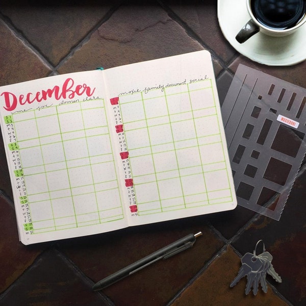 Quick Grid™ bullet journaling stencil  assists you in quickly and easily creating trackers and other layouts. Get it here.