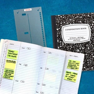 Composition notebook bullet journaling stencil creates the fold-over weekly layout to keep organized. Get it over here.