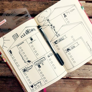 House Cleaning Bullet Journaling Stencil helps you create cleaning trackers and other layouts in your bujo. Get it over here.