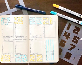 Numbers bullet journaling stencil includes boxy numbers that make great weekly layouts. Get them here.