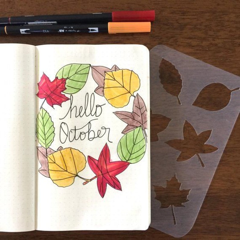 Little Leaves Bullet Journaling Stencil creates autumn foliage bujo layouts. Get it here. image 1