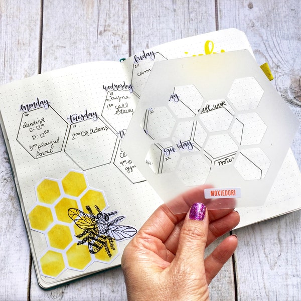 Honeycomb Hexagon bullet journaling stencil creates fun layouts. Hop over here to get it.