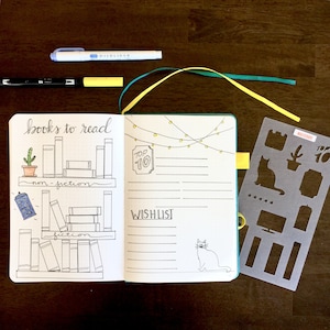 Bookshelf Bullet Journaling Stencil creates movie, TV and book tracker layouts Find it over here. image 1