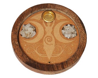 Triple Goddess Crystal Quartz Wood Incense Holder | 3" Round | Cone and Stick | Altar & Ritual Decor