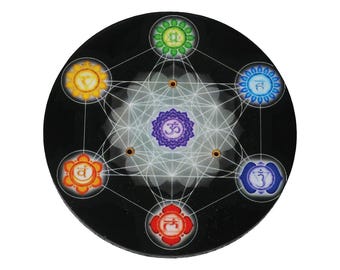 Black Wood Incense Holder | 7 Chakra & Metatron's Cube | 4" Round | Cone and Stick | Altar Decor