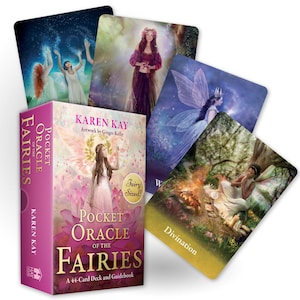 May include: A pink box set of "Pocket Oracle of the Fairies" cards and guidebook by Karen Kay, with artwork by Ginger Kelly. The box and cards feature images of fairies. The set includes a 44-card deck and guidebook.