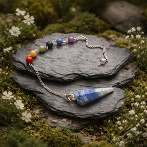 May include: A pendulum with a blue and gray crystal point and a silver chain. The chain is connected to a series of colorful beads, representing the chakras. The pendulum rests on a dark gray stone surface, surrounded by moss and small white flowers.