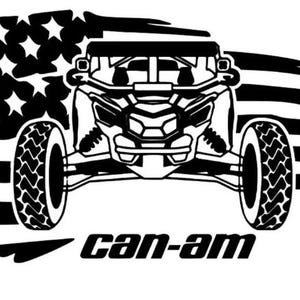 May include: Black and white graphic of an off-road vehicle with the text "can-am" below. The vehicle is set against a backdrop of the American flag, with stars and stripes. The design is bold and suitable for apparel or decals.