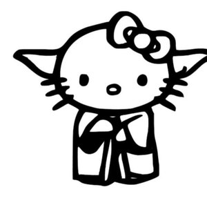 May include: Black and white line drawing of a Hello Kitty character with a bow on its head and wearing a robe. The character has large eyes and a small mouth.