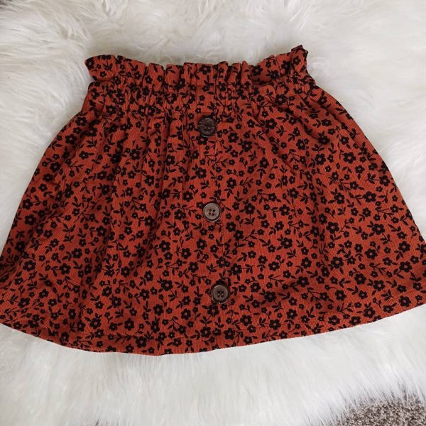 Corduroy Skirt, Rust Floral Paper Bag Skirt, Fall Girls Skirt, Soft Corduroy Toddler Skirt