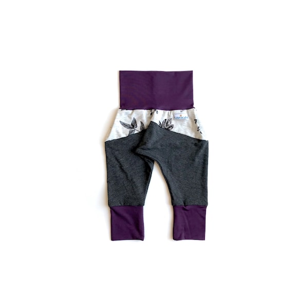 Purple and floral BAMBOO Harem Swaggers, Evolutive pants, Growing Pants, grow with me pants, Pantalon évolution, Pantalon évolutif