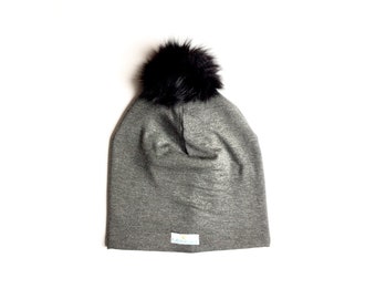 Winter Bamboo Slouchy Hat + recycled fur pompom- Baby, Kids and Adult hats - Family Matching Hats - Winter Fleece hat -Beanie hat