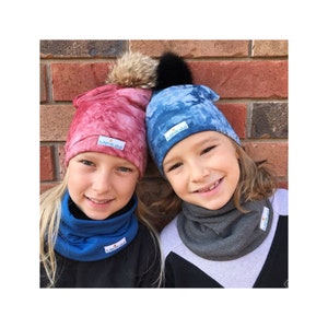 Winter Slouchy Hat + recycled fur pompom - Family Matching Hats - tie dye slouchy hat