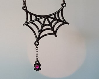 Halloween Pendant, Halloween Jewelry, Halloween Necklace, Spider Web Pendant, Crystal Spider, Gothic Pendant, Halloween Gift, Gift For Her