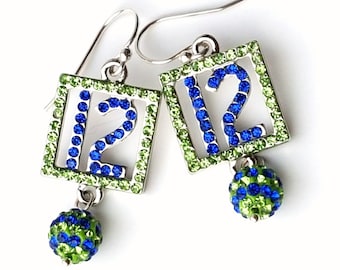 Seahawks 12 Fan Earrings, Seahawks Jewelry, Seahawks Earrings, Seahawks Bling, Blue Friday, 12th Man, 12th Woman, Seahawk Earrings - Bling