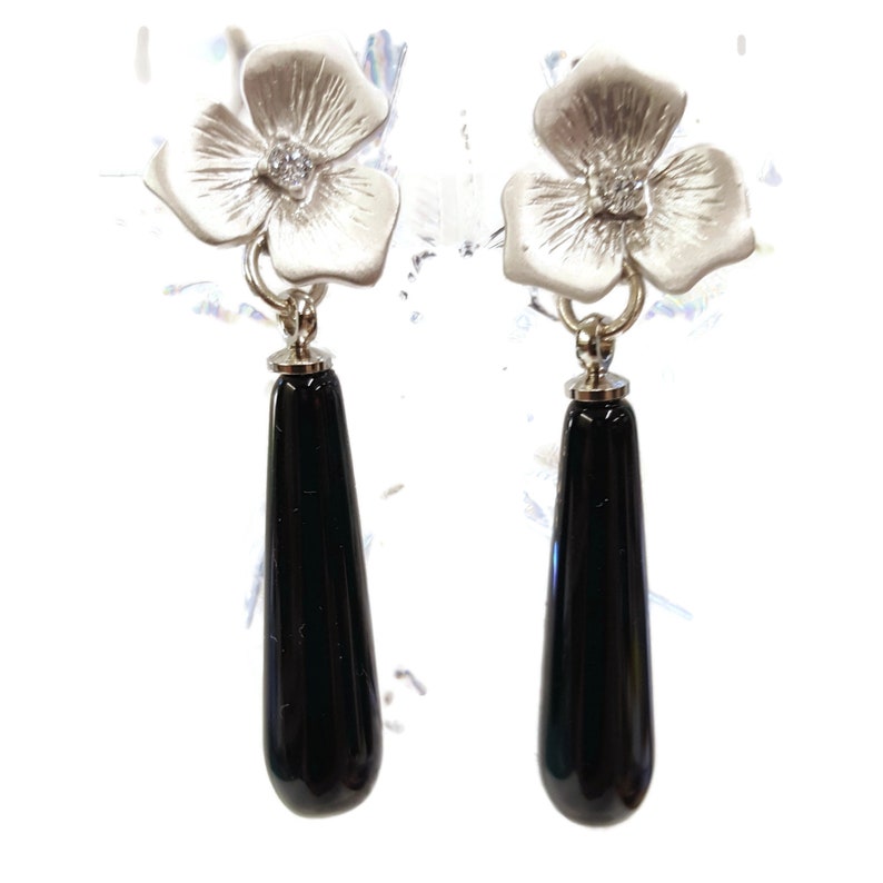 Sterling Silver Rhinestone Earrings Black Onyx Teardrop Earrings Gift For Her Sterling Silver Onyx Earrings Flower Post Earrings