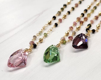 Gold Tourmaline Necklace, Austrian Crystal Pendant, Rainbow Tourmaline, Tourmaline Jewelry, Gemstone, October Birthstone, Gift For Her