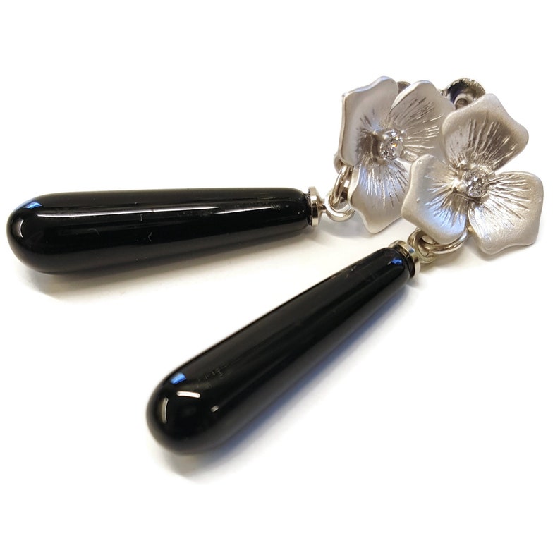 Sterling Silver Rhinestone Earrings Black Onyx Teardrop Earrings Gift For Her Sterling Silver Onyx Earrings Flower Post Earrings